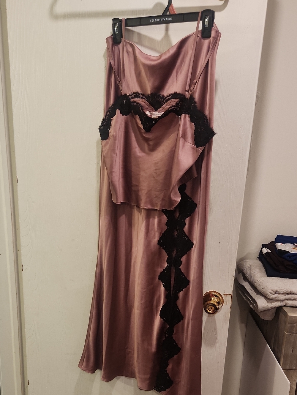 Victoria's Secret Mauve Satin Slip and Cami with Black Lace - NWT - Large